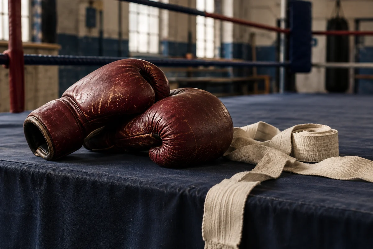 Burgundy boxing gloves and handwraps beside a ring in a quiet boxing gym.